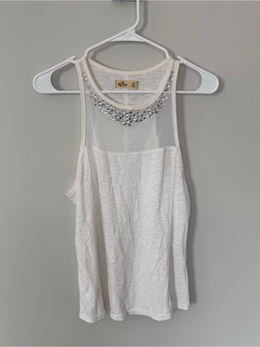 Hollister White Rhinestone Sheer Mesh Tank Top Y2K